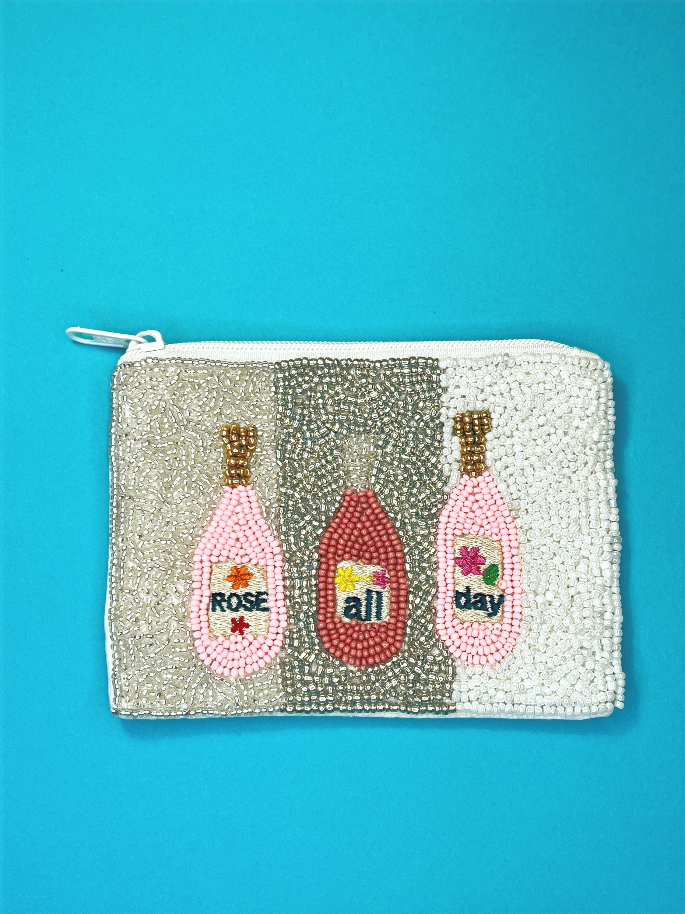 "Rose All Day" Beaded Pouch - Silver