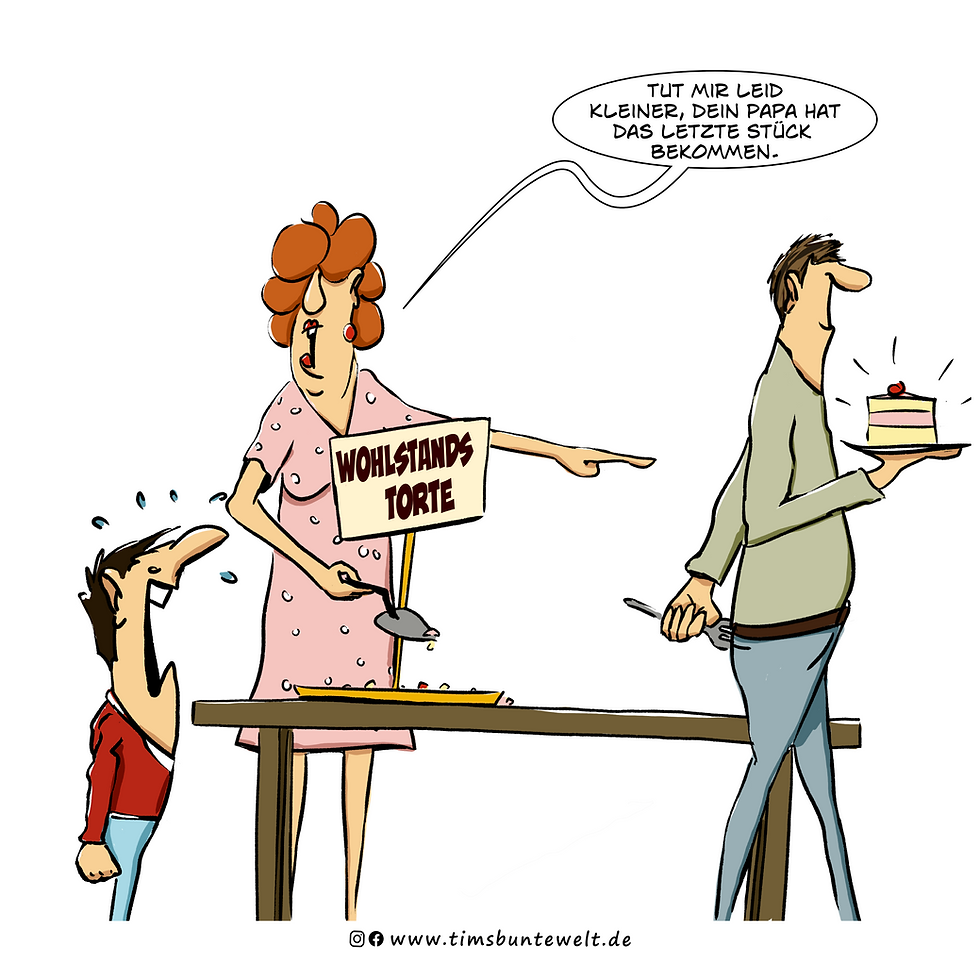 Cartoon zeigt einen heulenden Jungen an einem Kuchenbuffet, weil die "Wohlstandstorte" leer ist – sein Vater läuft zufrieden mit dem letzten Stück davon. Gesellschaftskritischer Comic über ungleiche Verteilung und Egoismus.