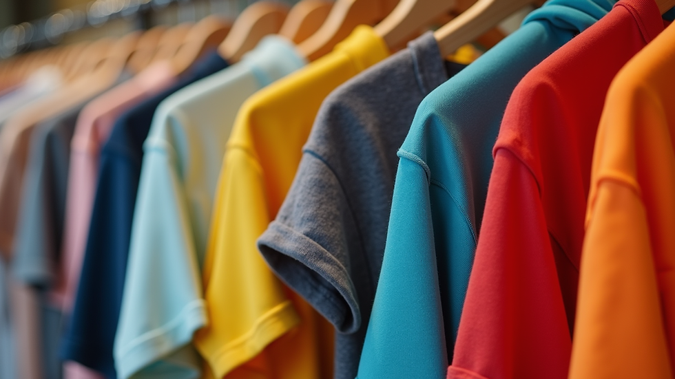 Close-up view of a boutique store’s clothing rack with colorful athletic wear