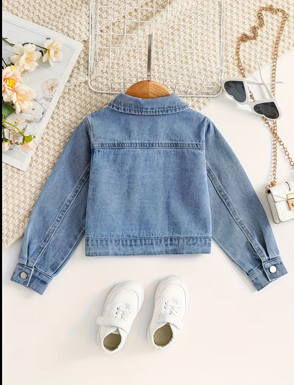 Thumbnail: Girls' Denim Jacket with Ripped Knee/Thigh holes - Collar Button-Front Single-Br