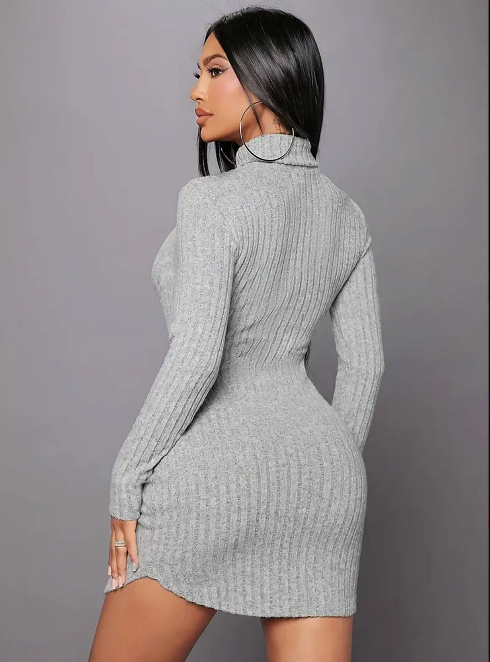 Thumbnail: Grey Long Sleeve Mock Neck Rib Knit Dress