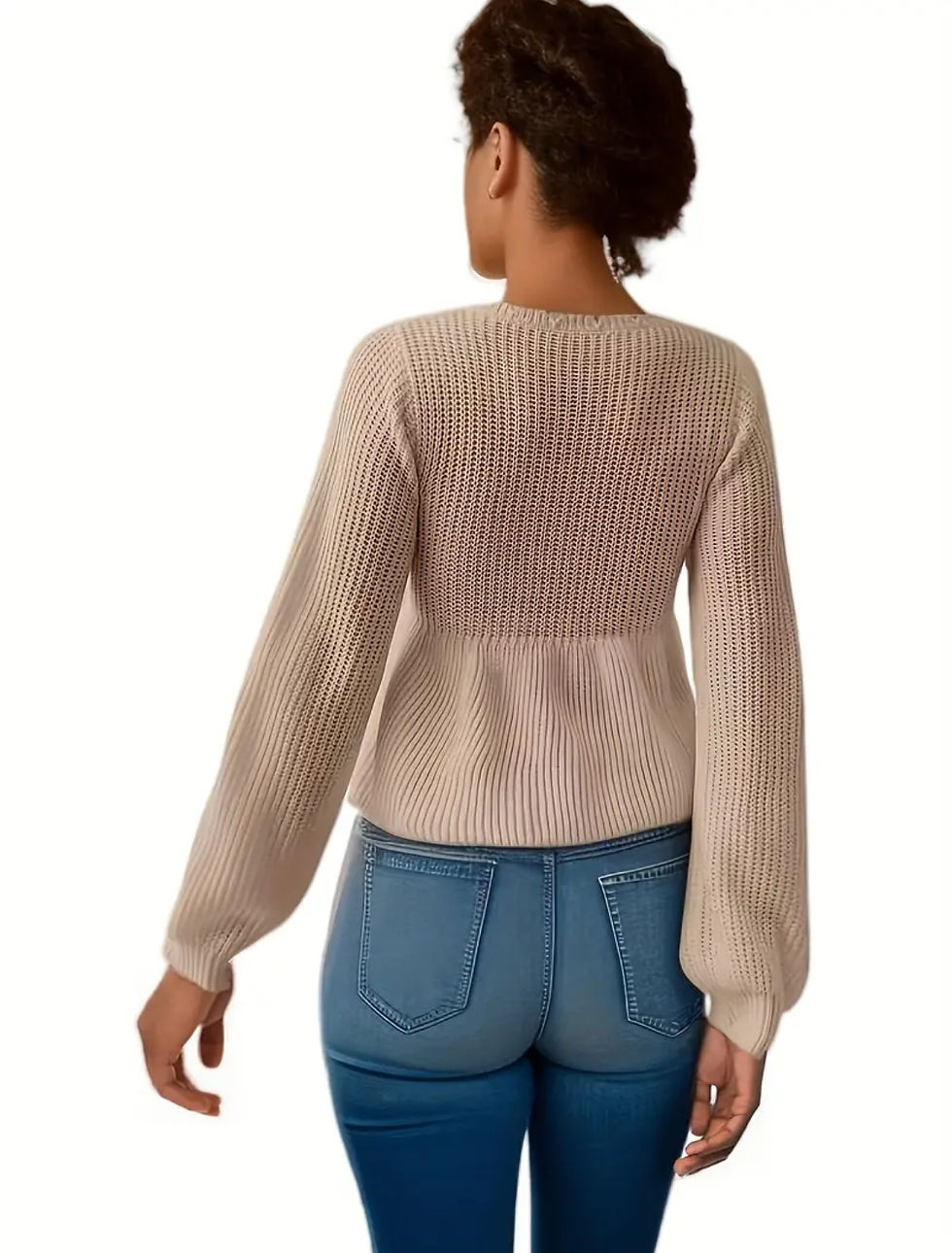 Thumbnail: Cream V- Neck Sweater Knit Top With Scallop Trim And Tie Waist