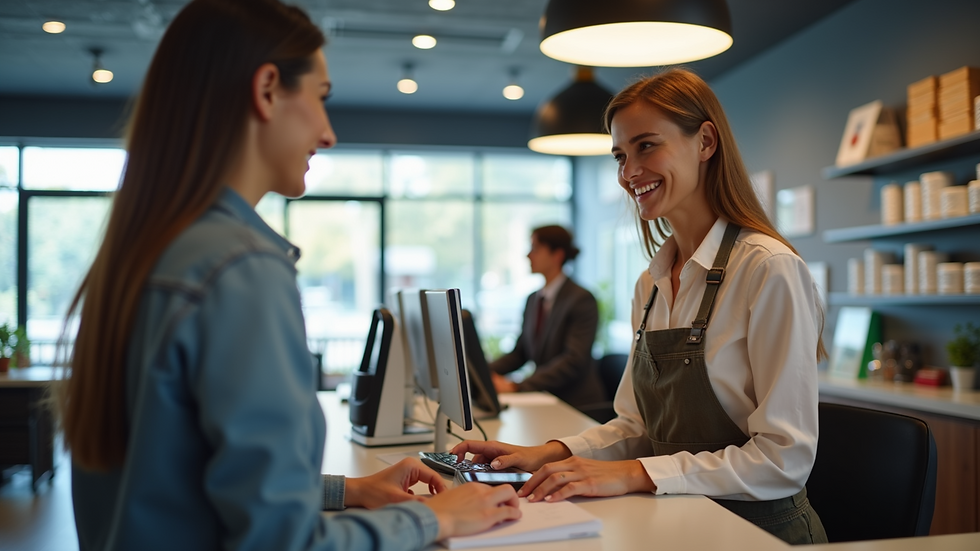 Eye-level view of a customer service desk with a friendly employee ready to assist
