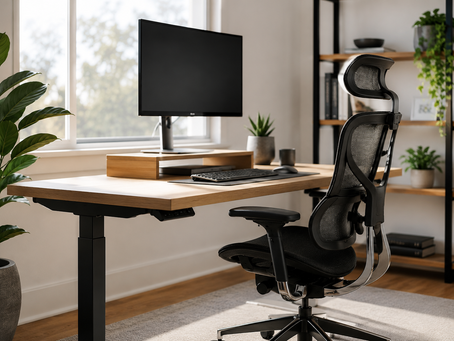 A properly set up home-office desk with the monitor at eye level
