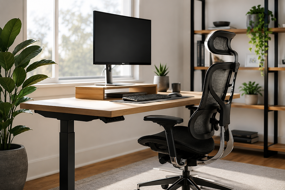 A properly set up home-office desk with the monitor at eye level