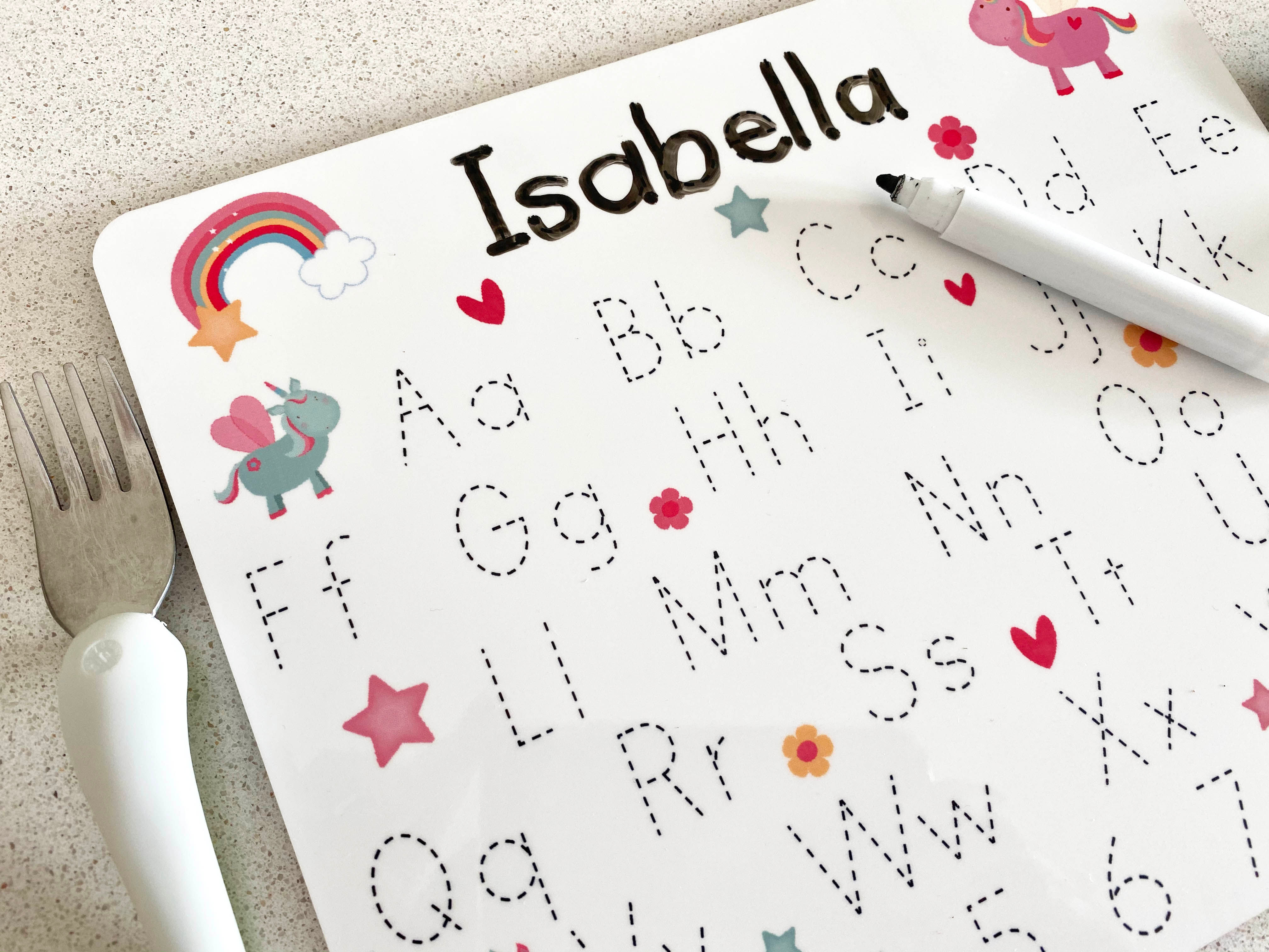 Personalised Unicorn Table Mat with Handwriting Practice