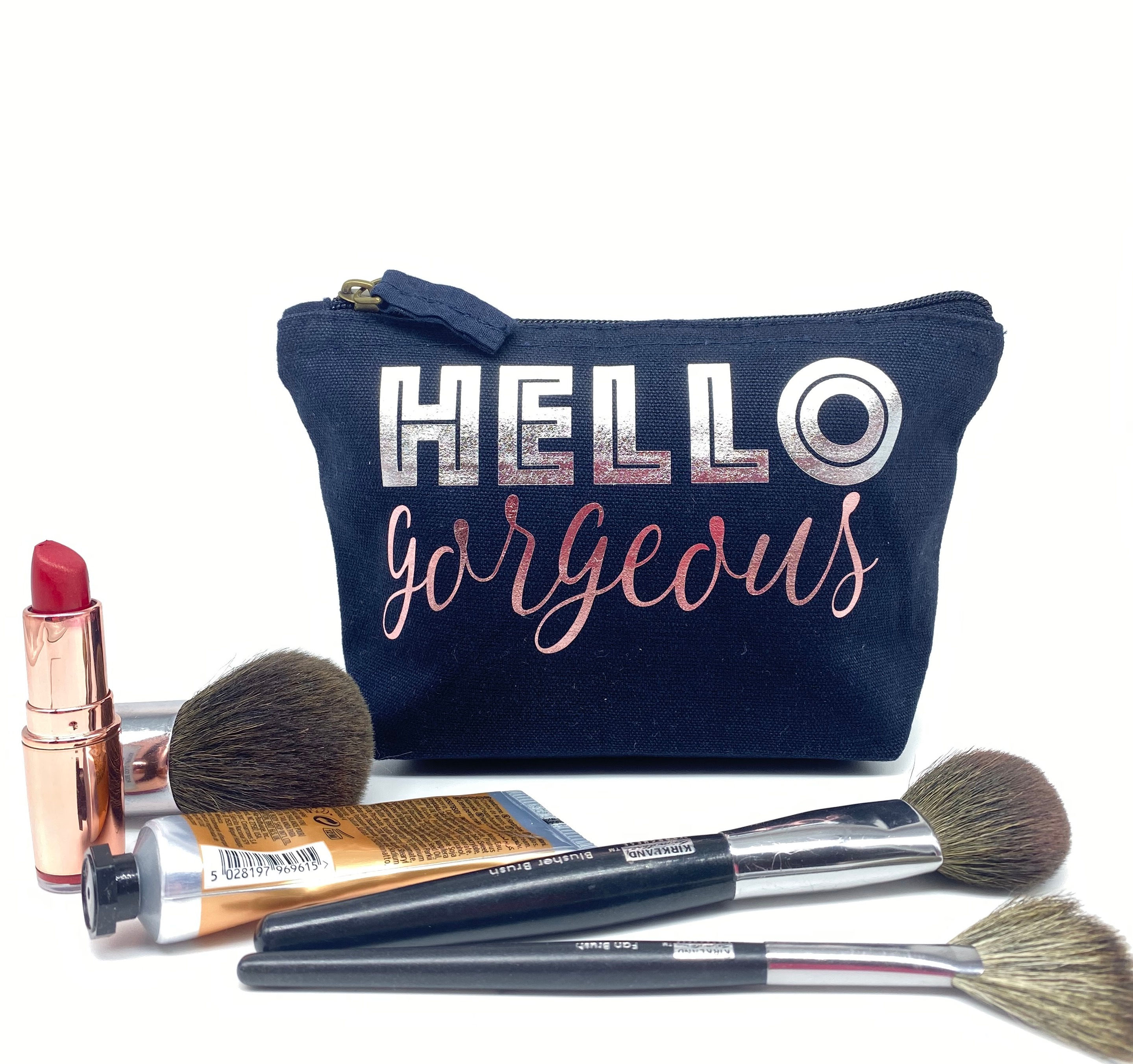 Hello Gorgeous Makeup Bag - Cosmetic Bag with Pink & Silver Lettering