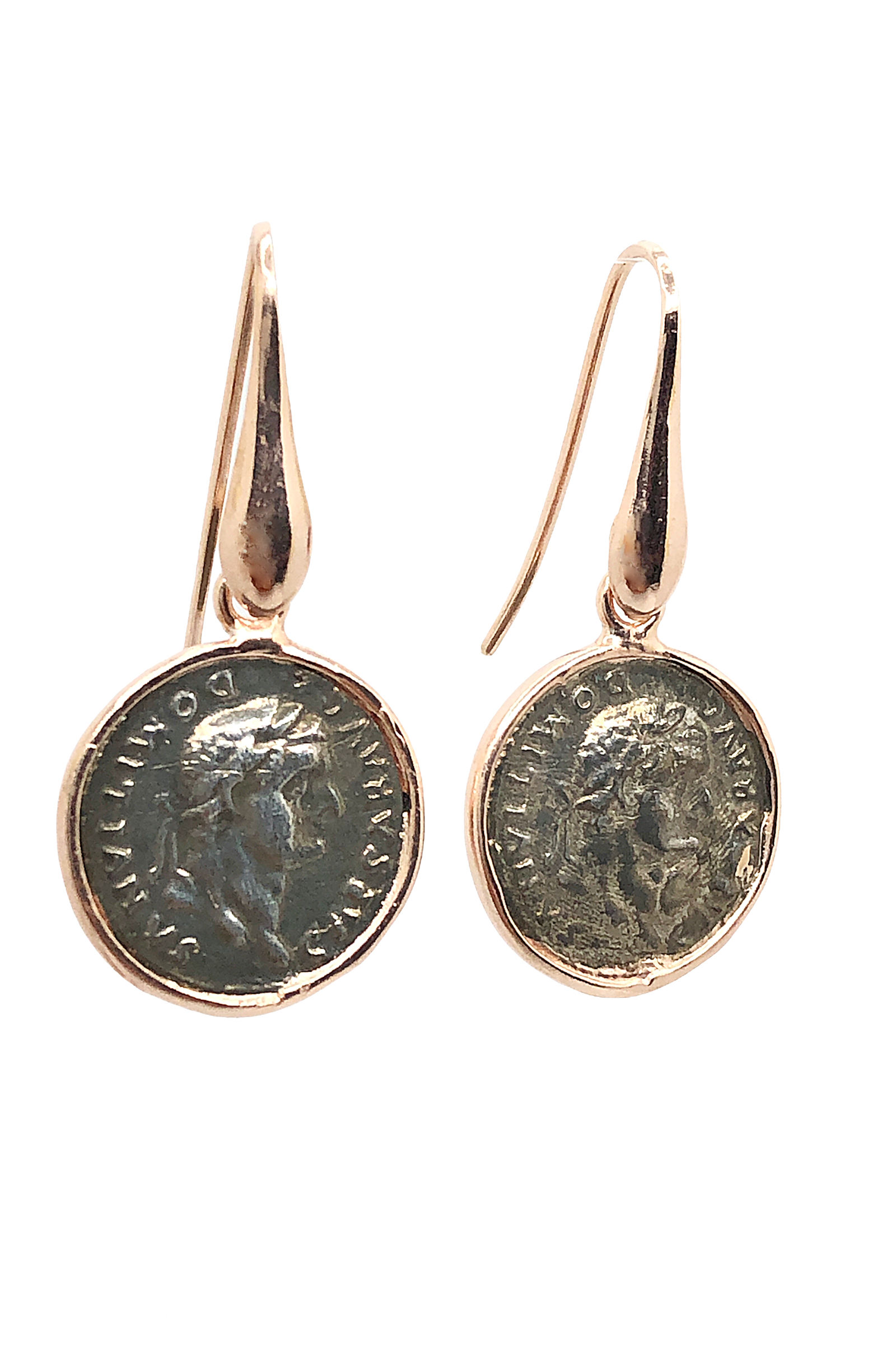 Orecchini pendenti in argento 925 rosée con moneta romana