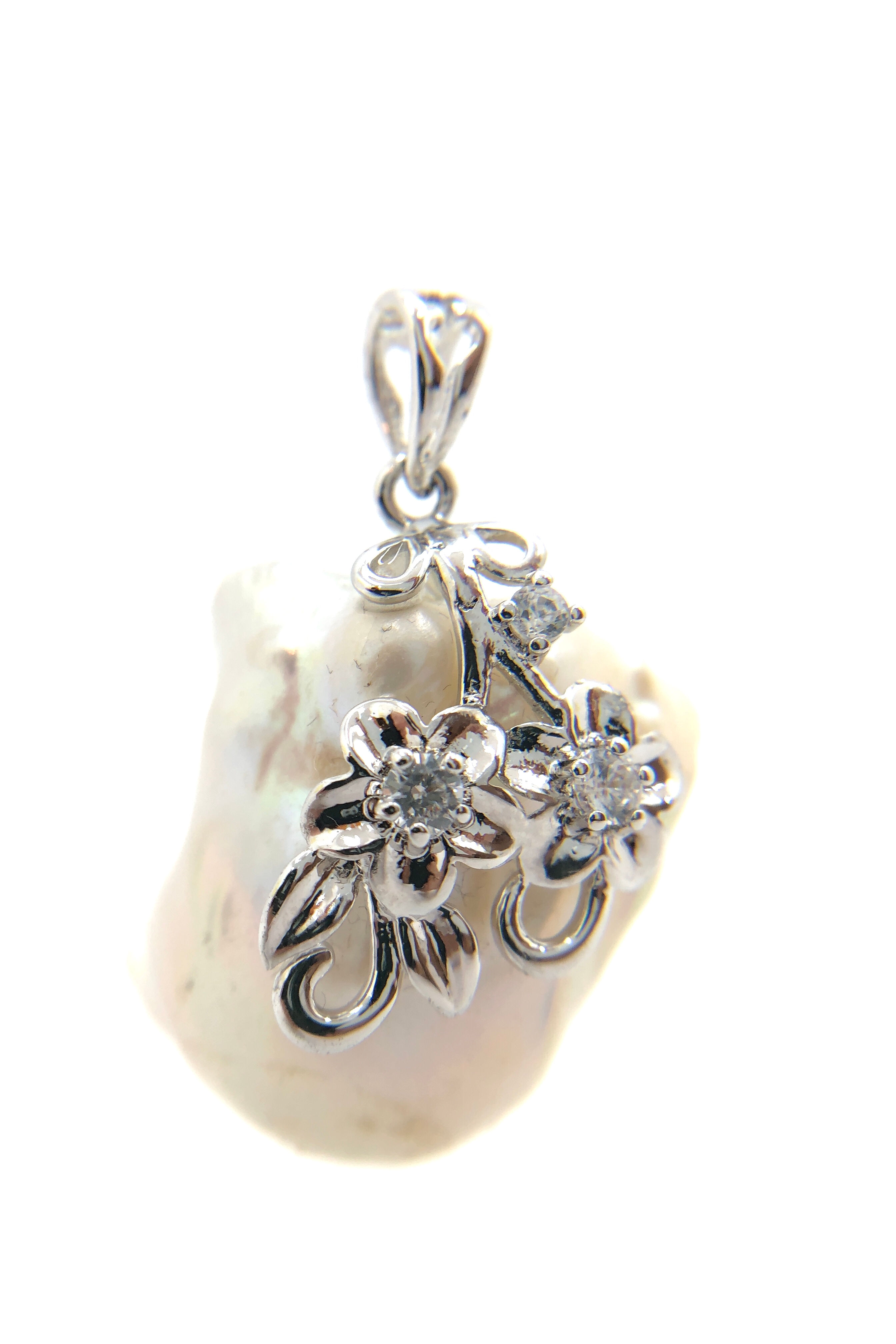 Pendente perla barocca naturale e argento 925 con zirconi