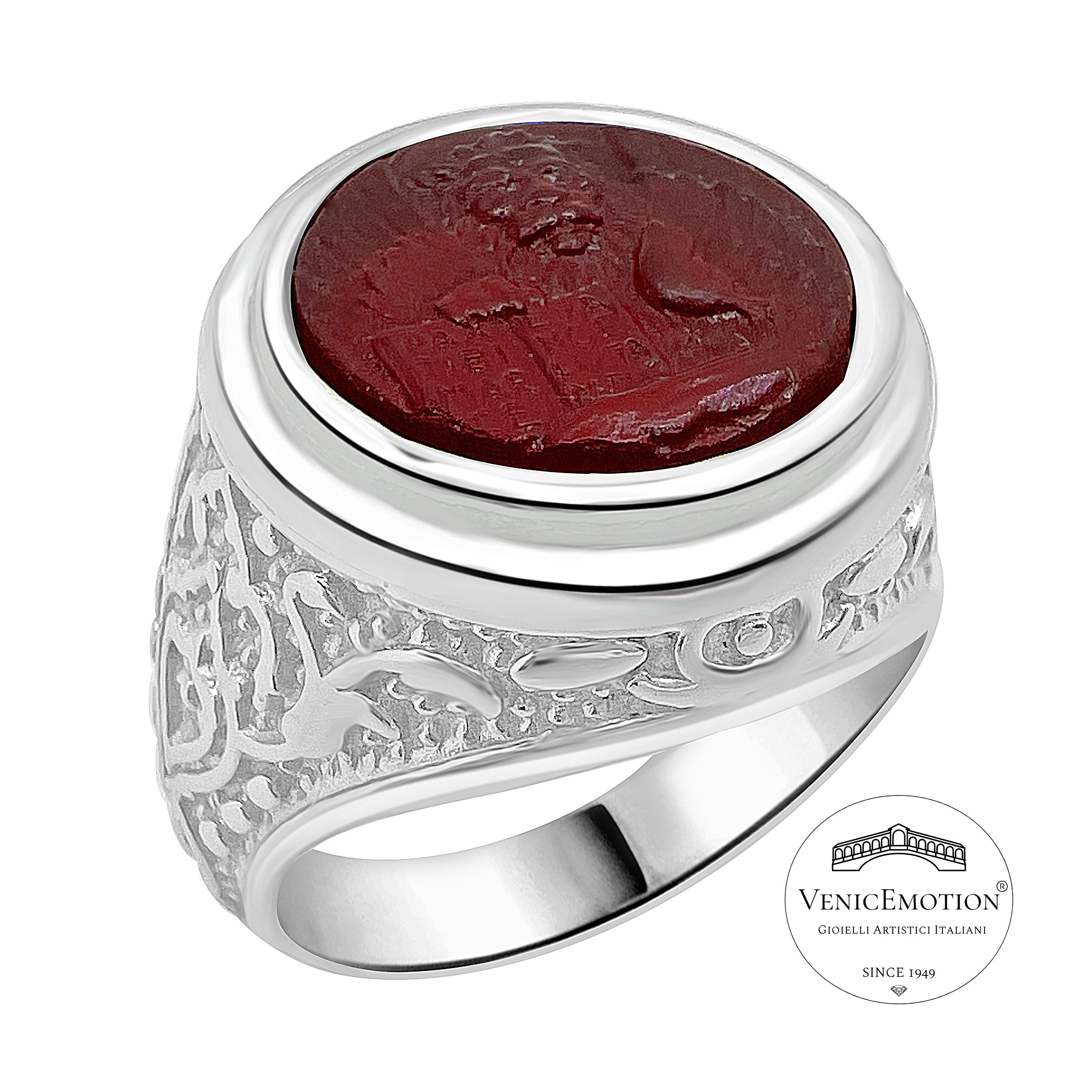Anello argento 925  Leone di San Marco pasta vitrea Veneziana rosso rubino