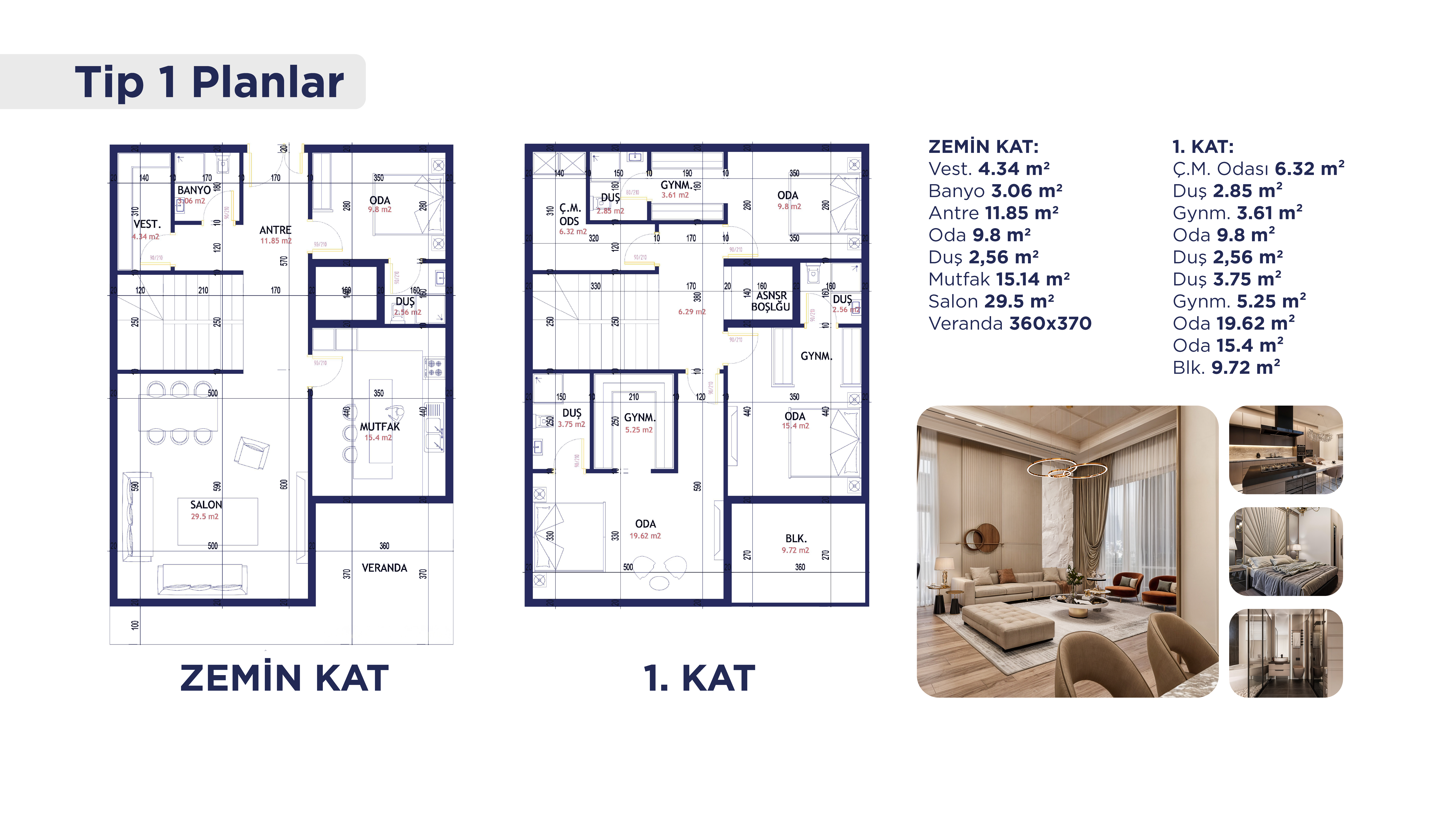 Prime38 Dodurga Villa · Tip 1 villa · zemin ve birinci kat planı