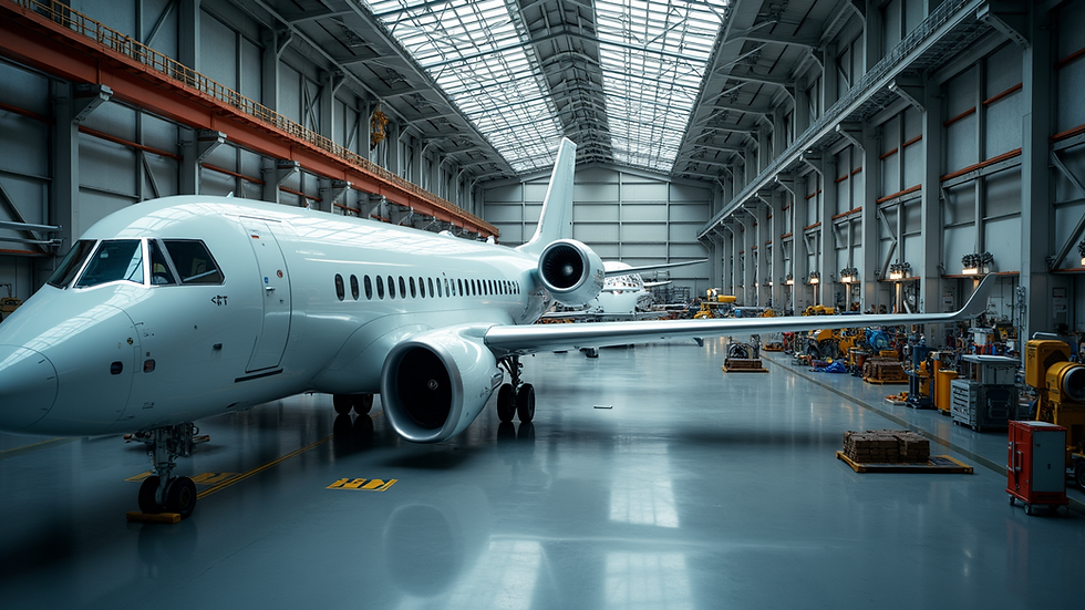 High angle view of aerospace manufacturing facility with aircraft components