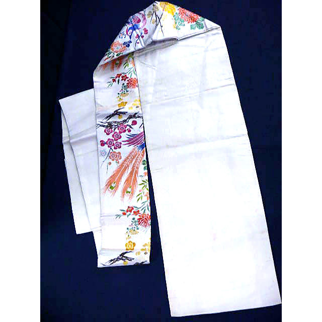 Thumbnail: brocade Japanese obi, white with bird and flowers, on wafuku.co.uk