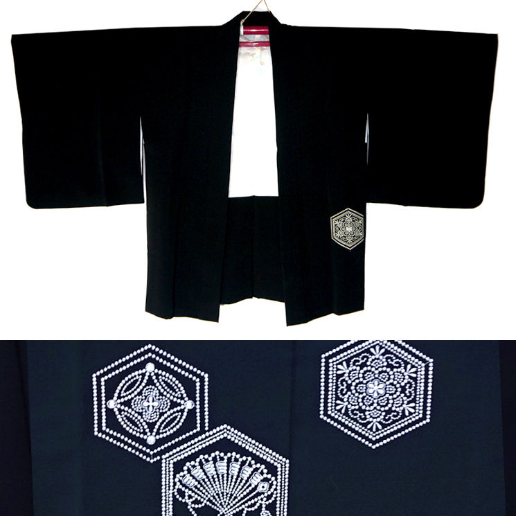 Embroidered Hexagons Silk Haori Kimono Jacket wafuku.co.uk - 2