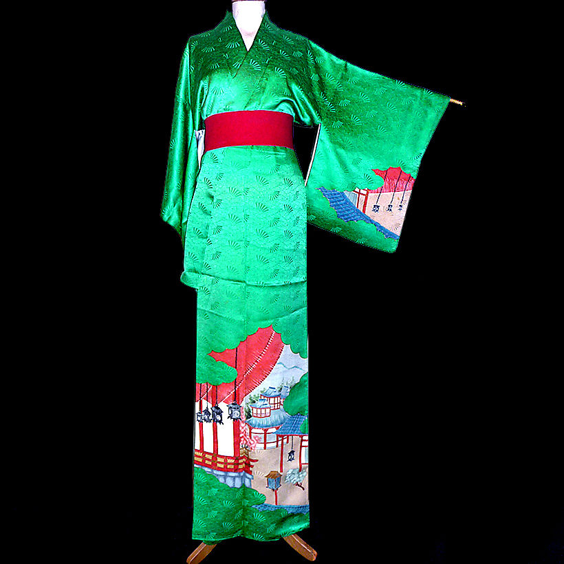 Rare, Green Kumodori Scene Kimono