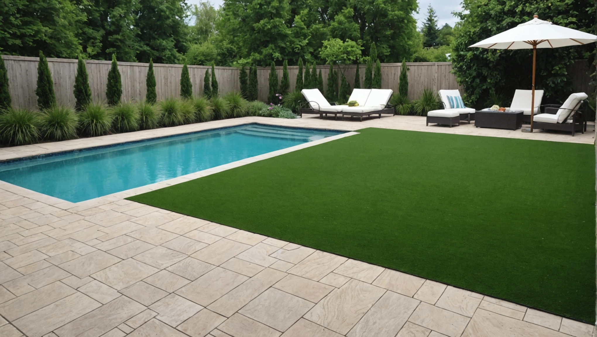 beautiful turf lawn next to a pool, artificial turf solutions, gift