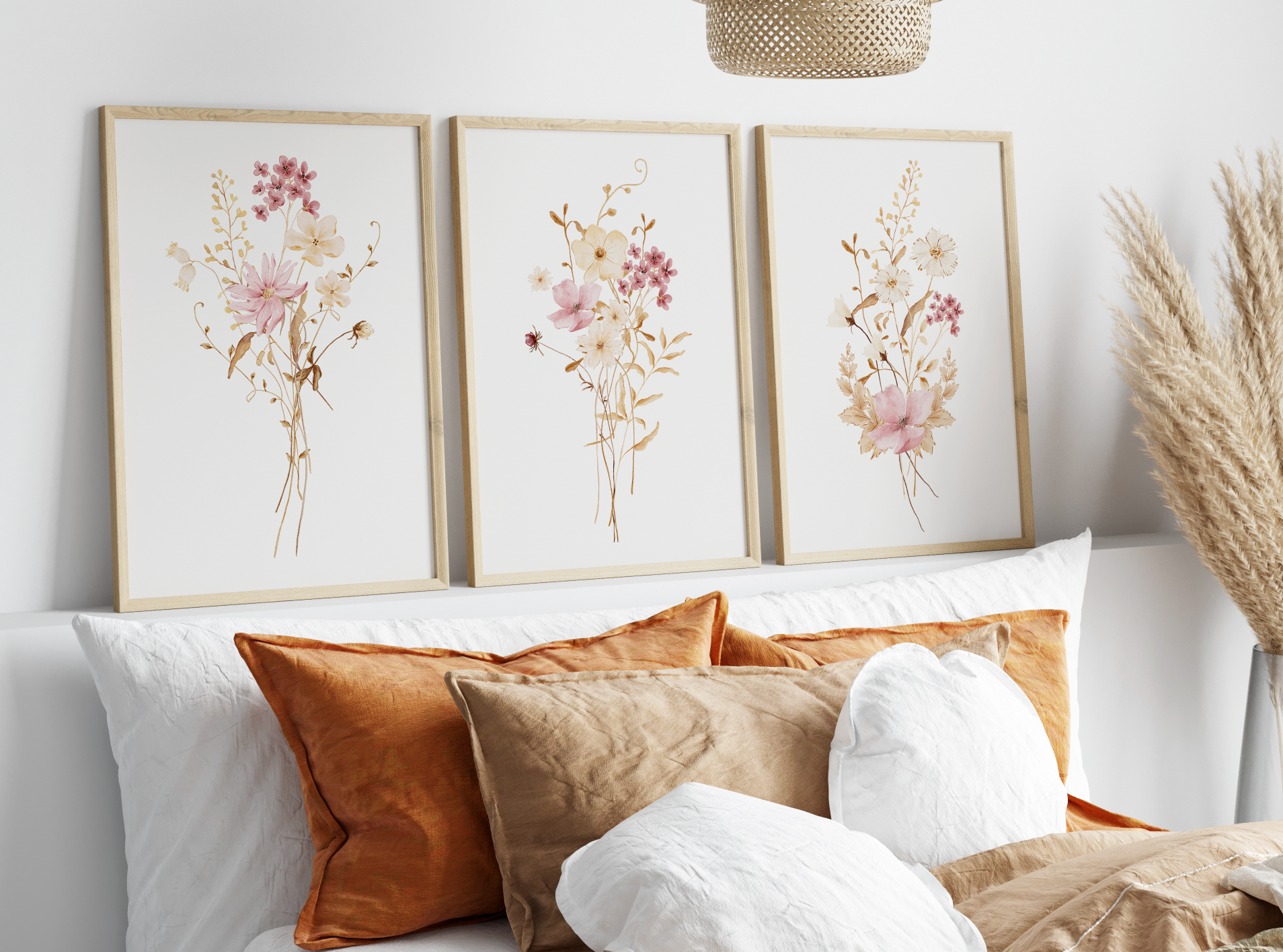 Kırçiçekli Çerçeveli 3'lü Modern Tablo Seti - Kırçiçekli Tablo Seti