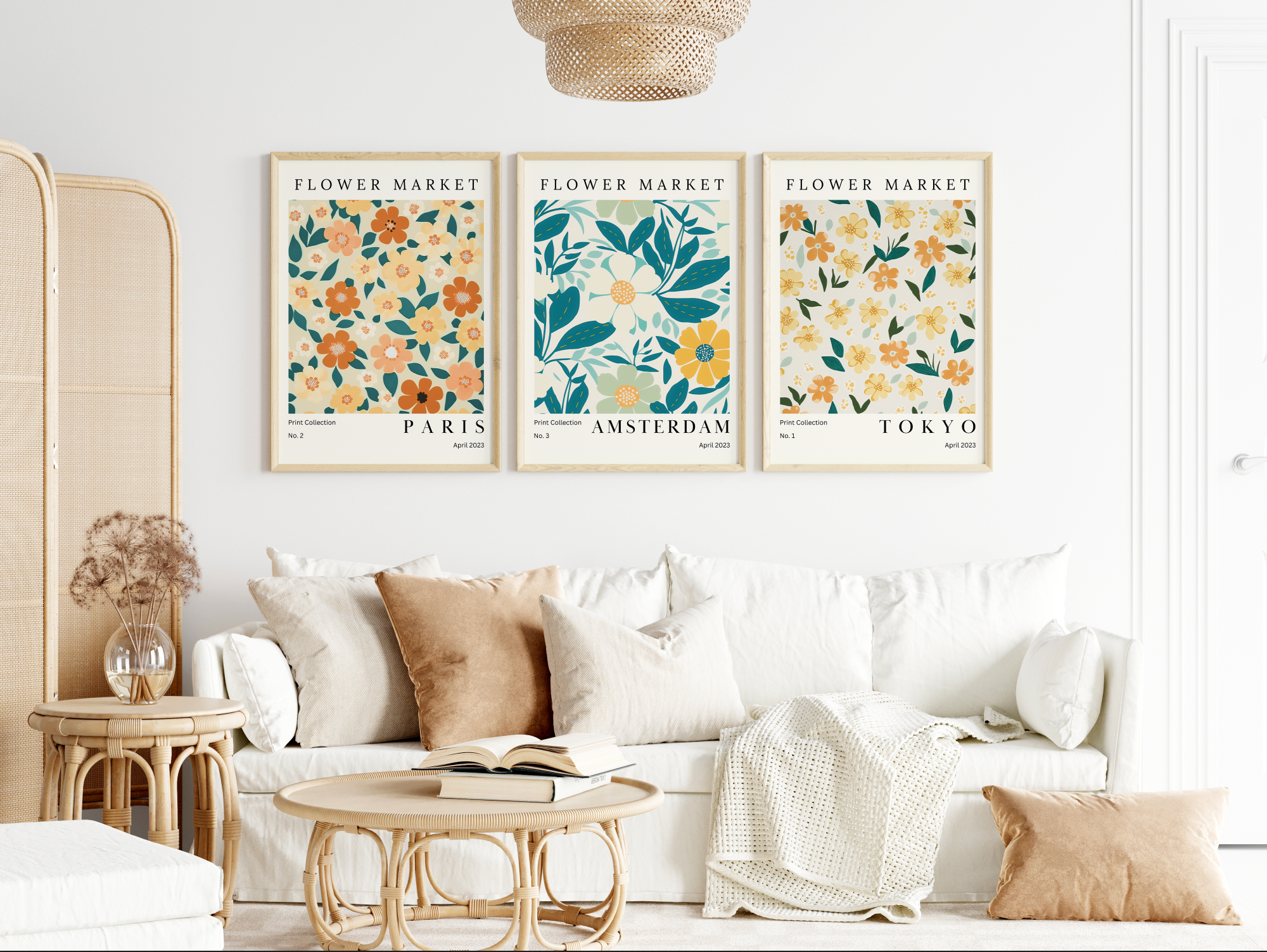Çerçeveli Modern 3'lü Tablo Seti - Flower Market - FLWR001