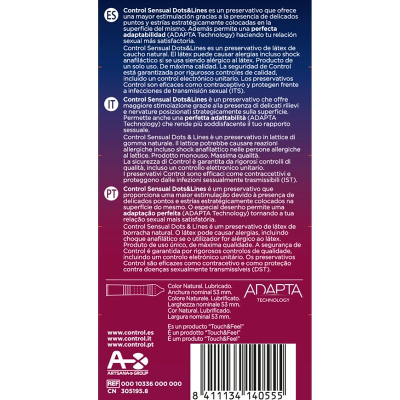 תמונה ממוזערת: Control Dots Lines • קונטרול סנשואל עם קווים ונקודות - 53 מ"מ - 12 קונדומים