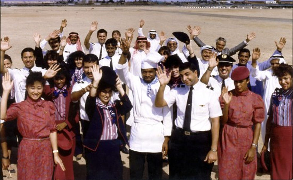 Me (center, with the chef’s hat) with the crew of Saudi Airlines, 1987.
