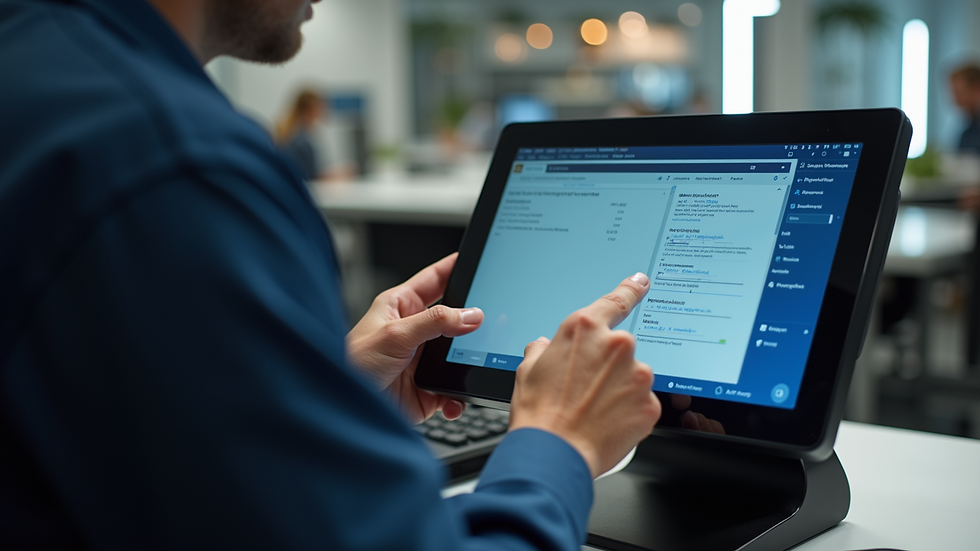 Close-up view of a technician checking a POS device for technical issues