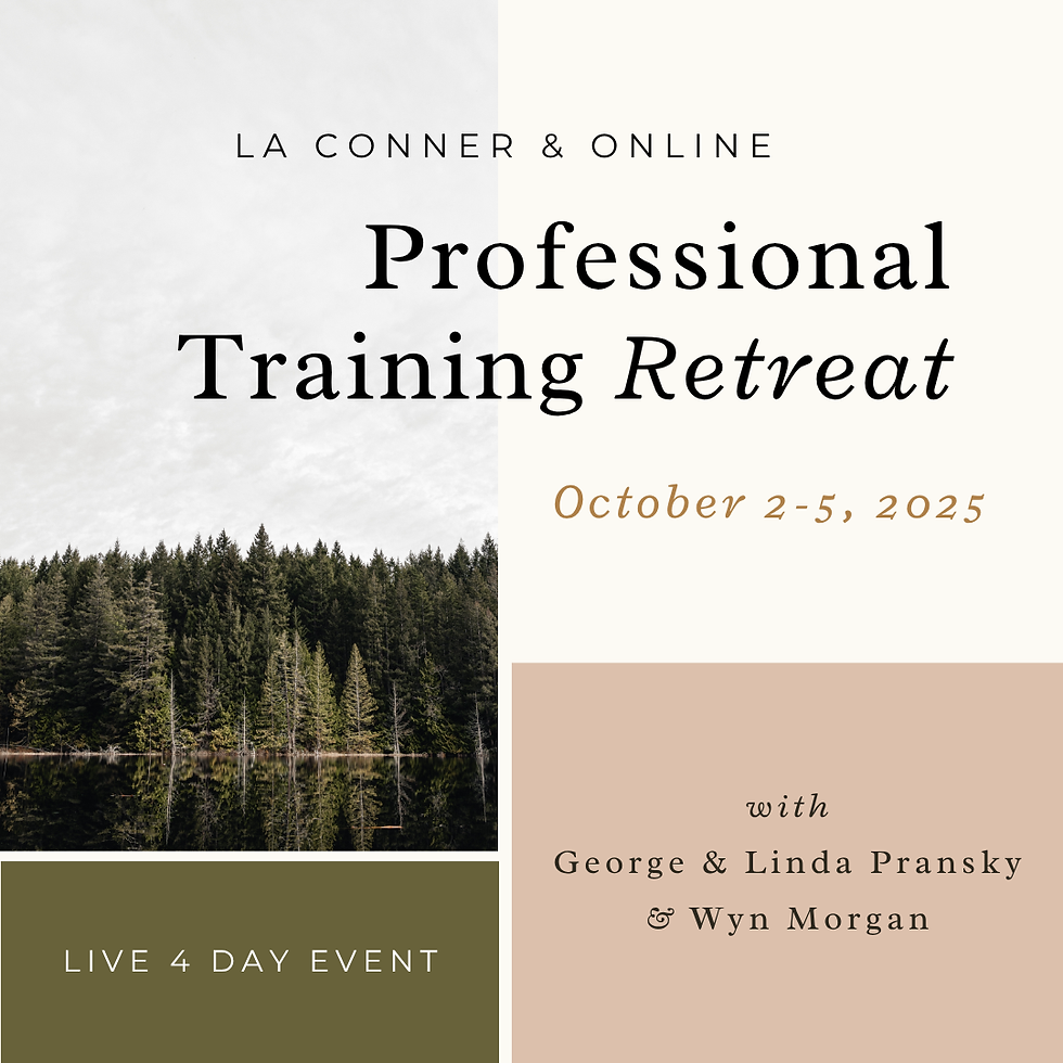 Professional Training Retreat poster for October 2-5, 2025, with forest background. Hosts: George & Linda Pransky, Wyn Morgan. Live 4-day event.