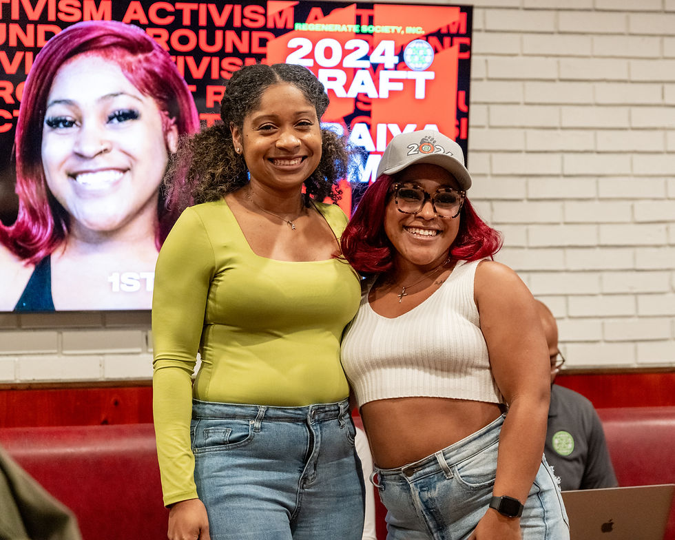 Raiya Goodman (r) celebrating a photo with Founding member, Abigail Little (l), after being drafted to the Activism division in the 2024 RS Draft. Photos by The Rose Hat Photography, 2024.