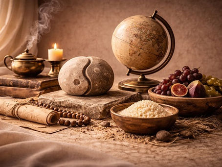 Still life with a stone engraved with a yin-yang symbol, a small globe, bowls of rice and fruit, a lit candle, incense, beads, old books, and a rolled scroll, arranged on a textured surface in warm, balanced light.