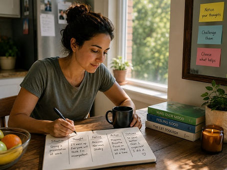 A woman sits at a wooden kitchen table in bright daytime sunlight, writing in a notebook while holding a coffee mug. The room feels warm, lived-in, and ordinary, with plants, fruit, and everyday household items visible around her. Open notes and books rest nearby, suggesting the practical use of skills rather than formal study. Sunlight streams through a large window, illuminating the scene with rich natural colors and realistic detail. The image represents using Cognitive Behavioral Therapy in everyday life, showing how CBT becomes part of ordinary daily decisions, reflections, and problem-solving rather than something practiced only in a therapy office.