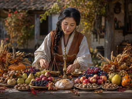 An East Asian witch with a long dark braid stands at a rustic harvest table in a sunlit autumn courtyard, carefully arranging offerings around an antique brass balance scale. The table overflows with apples, pears, grapes, nuts, wheat sheaves, berries, gourds, and a round loaf of bread, symbolizing Mabon, the second harvest, and the return of balance at the autumn equinox.