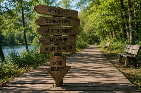 A wooden signpost stands along a sunlit boardwalk winding through a lush green park beside a calm lake. Multiple directional signs point outward above a large downward-pointing arrow at the base of the post. Bright midday sunlight filters through the trees, illuminating the path and surrounding benches. The image serves as a visual metaphor for the downward arrow technique in Cognitive Behavioral Therapy, illustrating the process of moving beneath surface thoughts, feelings, and assumptions to uncover the deeper core beliefs that lie underneath. Rich natural colors and strong daylight create a clear, inviting atmosphere of exploration and self-discovery.