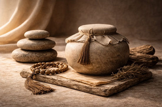 A quiet still life on a stone surface featuring a covered ceramic jar resting on a flat stone slab, stacked smooth stones, wooden prayer beads with a tassel, and dried herbs. The scene is softly lit and conveys simplicity, restraint, and quiet containment.