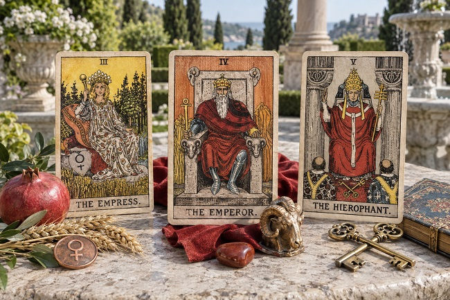 Three traditional tarot cards—The Empress, The Emperor, and The Hierophant—displayed on a sunlit stone terrace in an elegant garden, surrounded by symbolic objects including a pomegranate, wheat, Venus symbol, ram figure, ceremonial keys, and an ornate book.