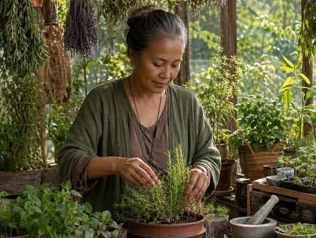 A middle-aged woman with gray-streaked hair stands in a sunlit greenhouse, gently tending a potted rosemary plant at a rustic wooden worktable. Around her are thriving herbs, woven baskets, clay pots, a stone mortar and pestle, fresh plant cuttings, and dried herb bundles hanging overhead, creating a calm image of green witchcraft as a long daily practice of care, stewardship, and relationship with plants.