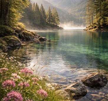 Crystal-clear alpine lake reflecting snow-capped mountains and evergreen trees, bordered by soft pink wildflowers and sunlit grasses under gentle morning light, serene untouched nature landscape representing divine subtlety and gentleness.
