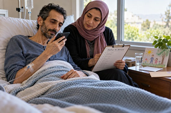 A thin man resting in a home care bed speaks into his phone while a woman beside him holds a “People to Notify” list; a child’s drawing and sealed envelopes sit nearby.