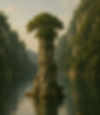 A solitary stone pillar rising from still water, crowned with a living tree and surrounded by steep green cliffs, symbolizing endurance, continuity, and what remains beyond time.