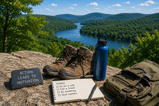 A pair of well-used hiking boots, a backpack, a water bottle, and an open notebook rest on a sunlit rock overlook above a winding river and densely forested hills. The gear appears ready for a journey, suggesting movement and engagement rather than waiting for motivation to arrive first. Bright midday sunlight illuminates the scene, highlighting the textures of the equipment, stone, trees, and water. The image serves as a visual metaphor for behavioral activation in Cognitive Behavioral Therapy, emphasizing the idea that taking meaningful action can help create momentum, energy, and renewed connection with life.