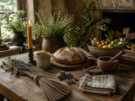 Rustic cottage table in soft daylight arranged with a beeswax candle, ceramic cup, round loaf of bread, fresh and dried herbs, a small hand broom, old iron keys, mortar and pestle, folded linen, and a bowl of garden fruit, symbolizing the magical life woven through ordinary household rituals.