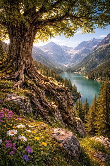 Ancient tree with deep roots gripping a rocky cliff above a turquoise alpine lake, surrounded by evergreen forests and snow-capped mountains under soft natural daylight, symbolizing divine preservation.