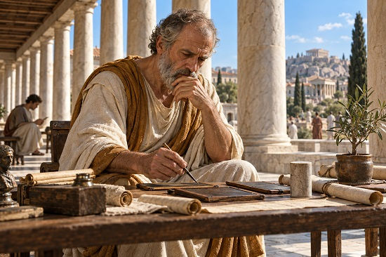 Chrysippus sits in deep thought at a sunlit Stoic colonnade, studying wax tablets and scrolls as he works through the structure behind Stoic teaching.