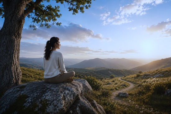 A woman sits quietly on a large rock beneath a sprawling tree, overlooking a vast mountain landscape bathed in warm sunlight. Rolling hills, winding paths, wildflowers, and distant ridgelines stretch toward the horizon under a bright blue sky with scattered clouds. Viewed from behind, she appears deeply attentive to her surroundings, taking in the sights, sounds, sensations, and atmosphere of the environment. The image evokes mindful awareness and embodied presence, symbolizing the SIBAM model in Somatic Experiencing—the practice of noticing Sensation, Imagery, Behavior, Affect, and Meaning as interconnected aspects of experience. Rich natural textures, expansive depth, and luminous daylight create a sense of grounded observation and connection between inner experience and the external world.