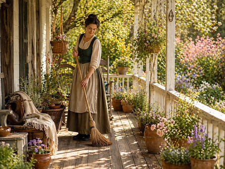 A woman in simple, rustic clothing gently sweeps a sunlit wooden porch surrounded by potted flowers and greenery, evoking a calm, intentional household ritual in a garden setting.