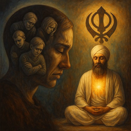 Conceptual illustration of Sikhism and Internal Family Systems IFS integration, reflecting the harmony between Simran, the Five Thieves, and compassionate parts work.