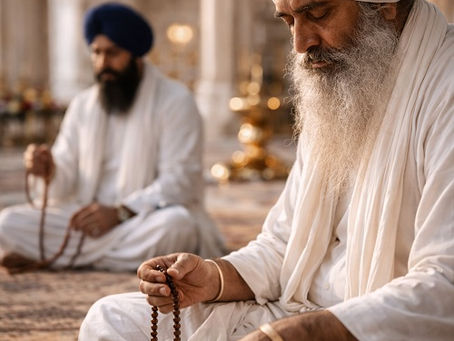 An elderly Sikh man wearing a white turban and traditional white robes sits cross-legged inside a gurdwara, holding a string of prayer beads in his right hand as he bows his head in silent meditation. His long white beard rests against his chest, and his posture is calm and grounded. Behind him, softly out of focus, another Sikh man also sits with prayer beads, while carved stone arches and warm natural light create a quiet, reverent atmosphere of devotion.