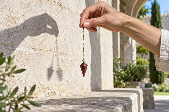 A hand holds a red jasper pendulum beside a sunlit stone wall, where its blurred swinging shadow reveals how small hand movements set it in motion.