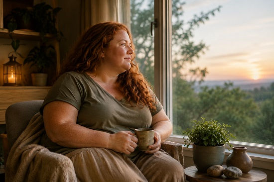 A plus-size red-haired woman sits peacefully by a large window in warm natural light, holding a cup of tea and looking out toward trees and an open sky. Houseplants, soft textures, and simple objects around her create a grounded, reflective atmosphere, suggesting the beginning of an ACT course as an invitation to slow down, pay attention, and begin learning a new way of relating to inner experience.