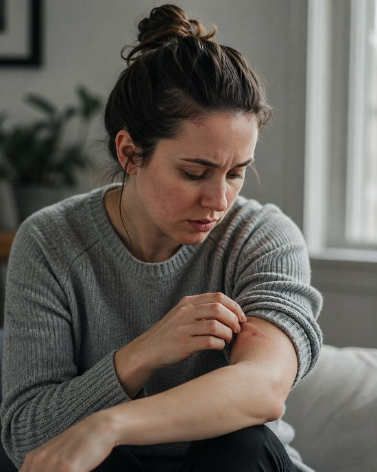 A distressed woman sits near a bright window in soft daytime light, looking down as she picks at irritated skin on her arm. Her tense expression and focused posture suggest the compulsive, repetitive nature of excoriation disorder.