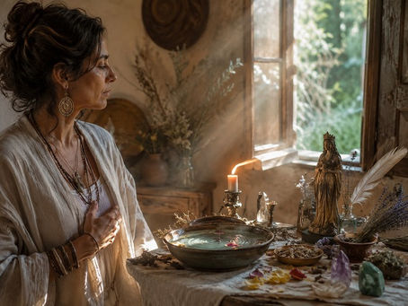 A woman stands quietly beside a sunlit altar, one hand resting near her heart as she faces a small deity statue, candle flame, bowl of water, feathers, herbs, crystals, and scattered flower petals. Soft beams of light enter through an open window, creating a sense of invitation, attention, and sacred arrival. The image symbolizes the call of a deity: the subtle moment when a spiritual presence is noticed, felt, or recognized.