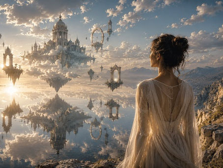 A woman in flowing white robes stands on a rocky overlook, gazing across a perfectly still lake toward an immense floating city suspended among bright clouds. Ancient towers, arches, and fragments of architecture hover impossibly in the sky while their reflections appear just as convincing in the water below. Bathed in warm natural daylight, the surreal yet lifelike landscape explores how something unreal can feel vividly real.